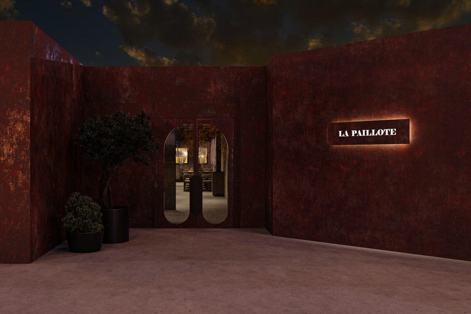 entrance-view Night entrance of Le Paillote all'Italiana restaurant with illuminated sign and arched doorway, Beirut