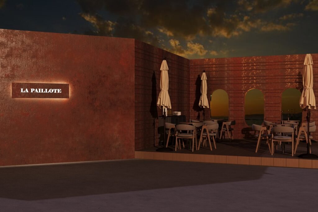 Exterior terrace of Le Paillote all'Italiana restaurant with terracotta walls and umbrella seating, Beirut