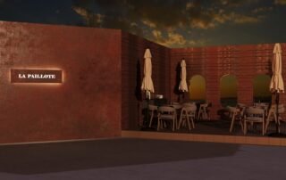 Exterior terrace of Le Paillote all'Italiana restaurant with terracotta walls and umbrella seating, Beirut