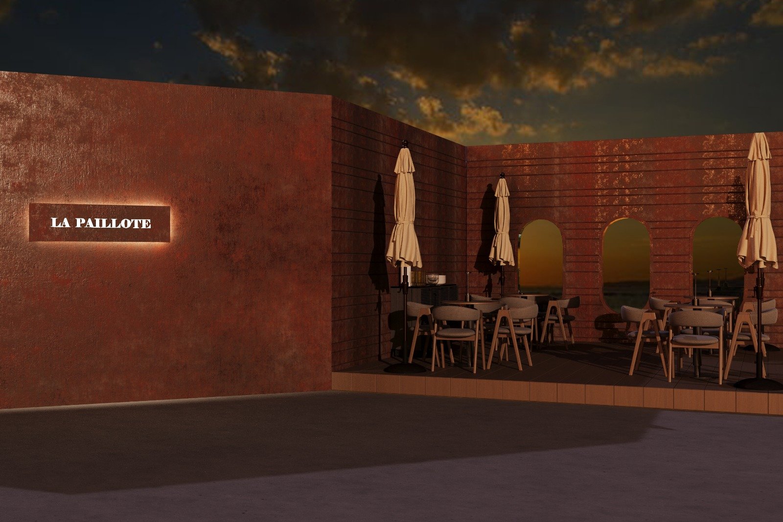 Exterior terrace of Le Paillote all'Italiana restaurant with terracotta walls and umbrella seating, Beirut